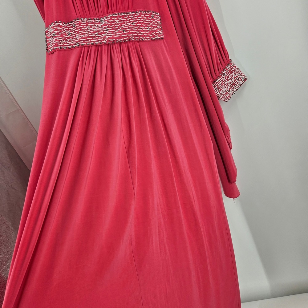 Vintage 70s Kaftan Maxi Dress Pink Stretched Beaded Flowy Boho Modest Evening M - Picture 9 of 12